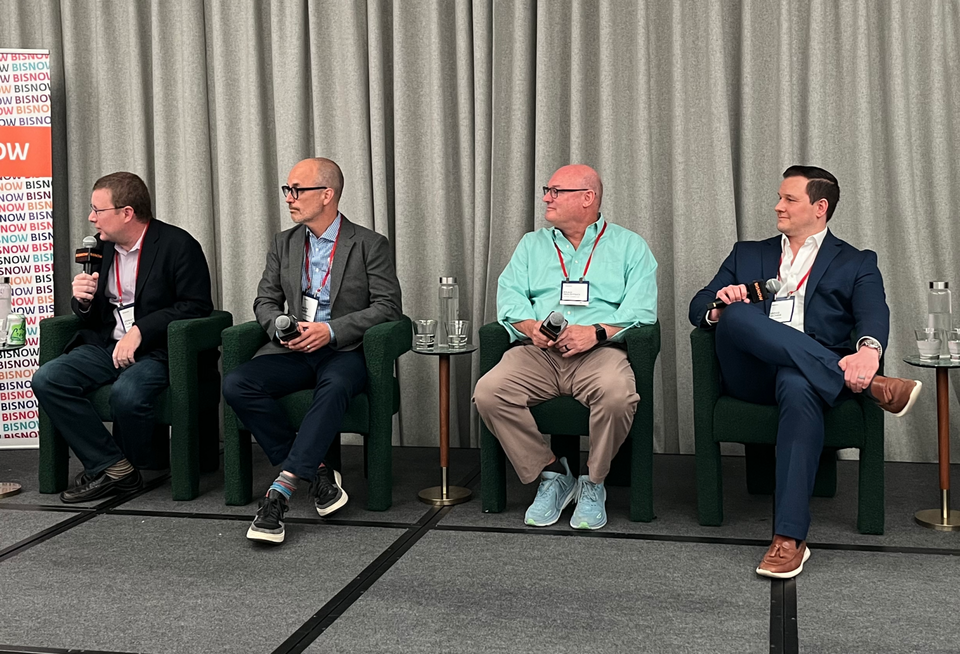 Tishman Speyer's Jonathan Flaherty, Related Companies' Geoff Hurst, Duane Morris' Brad Molotsky and Fischer Energy's Gregg Fischer onstage at Bisnow's 2025 National Sustainability and Energy Conference.
