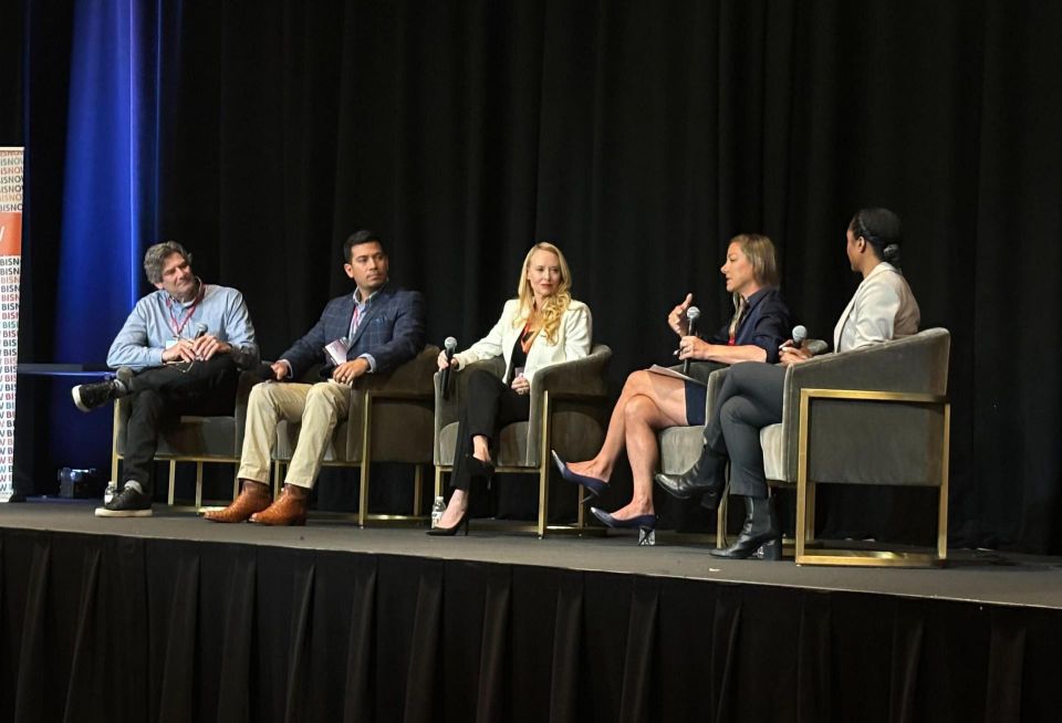 Andrena's Michael Weiss, ADT's Noel Arvizu, HH Red Stone's Kelley Brine, Cushman & Wakefield's Avery Solomon and Ensemble Real Estate investment's Jewelle Kennedy speak at the Bisnow Multifamily Annual Conference of Greater Philadelphia