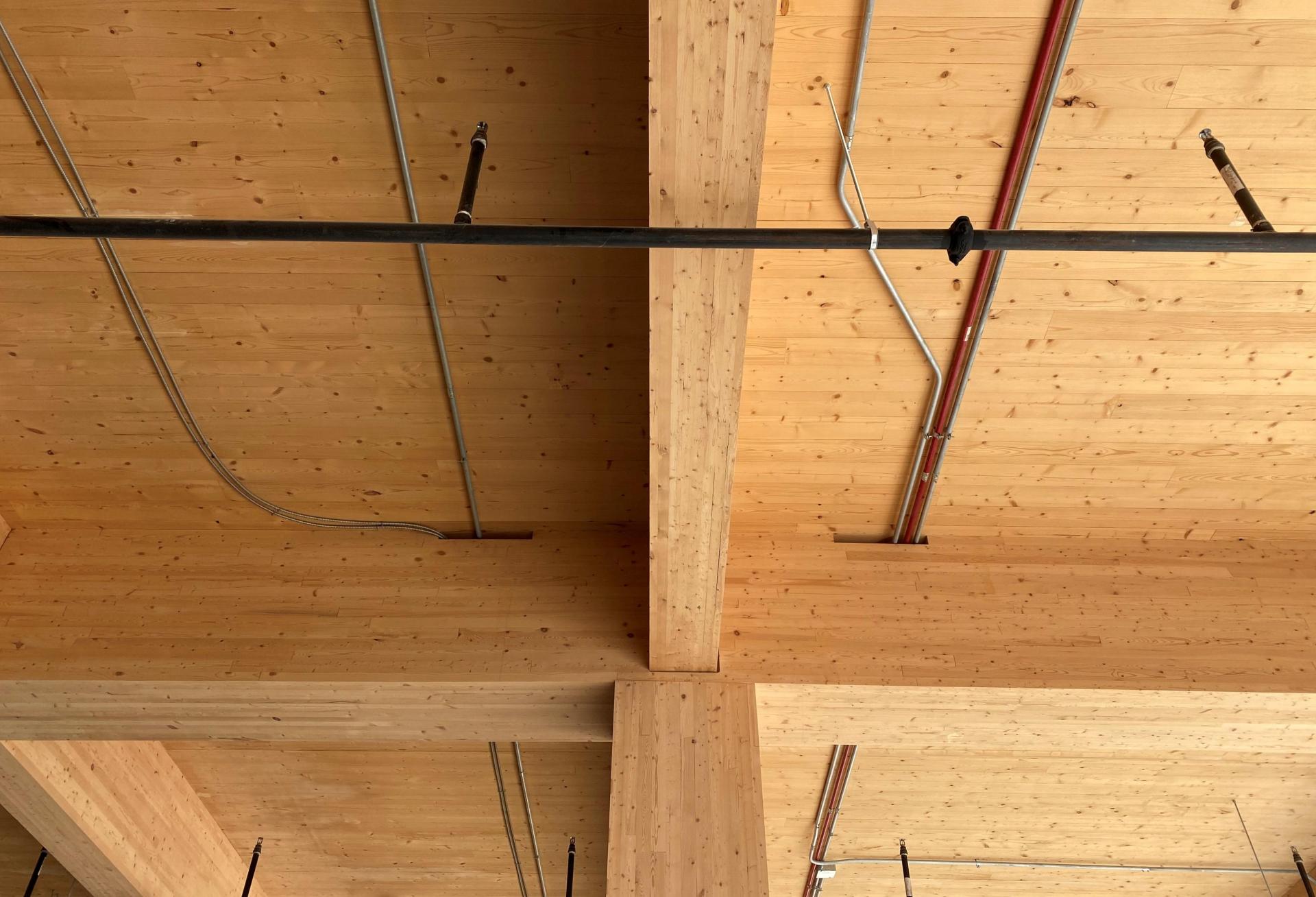 The mass timber columns contain a steel core which helps connect the floors of the addition together and to the original building frame.