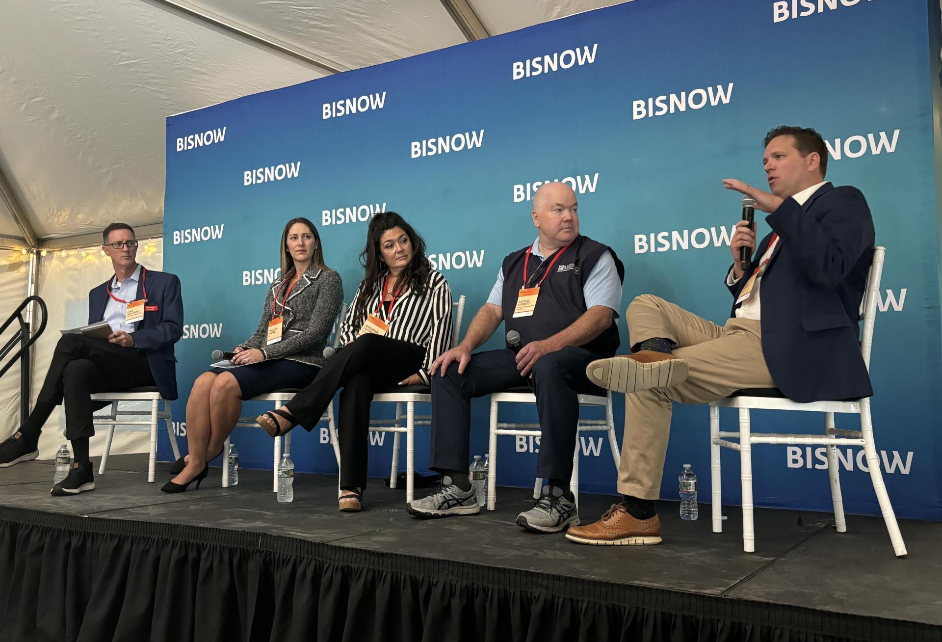 Portman Industrial's Michael Nelligan, JLL's Chelsea Andre, Dacon's Jennifer Luoni, Barrett Distribution Centers' Arthur Barrett and Hines' Tom Griggs. 