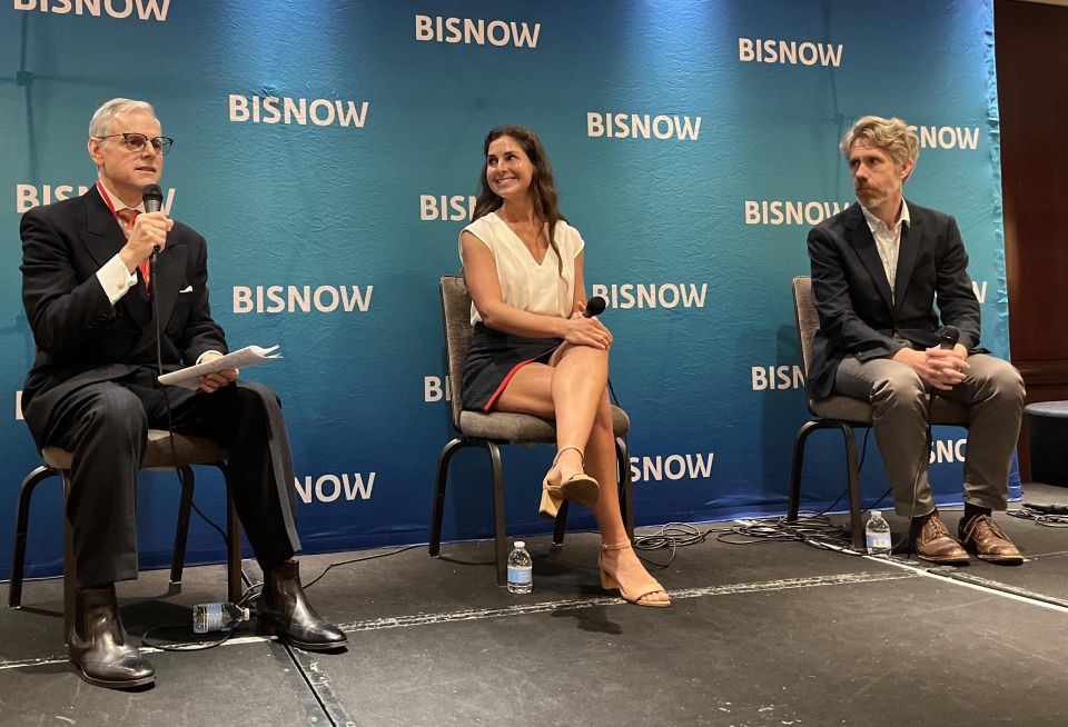 Morris DeFeo Jr. moderating a fireside chat with Empire State Realty Trust's Dana Robbins Schneider and NYSERDA's Michael Reed at Bisnow's 2023 National Sustainability and ESG Conference.