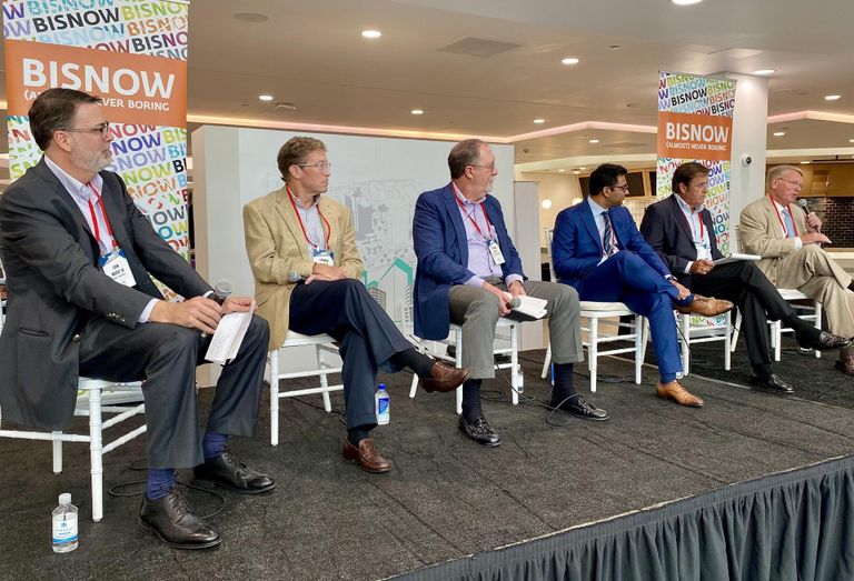 Moody Law Group's John Moody Jr., Griffin Partners' Ed Griffin, Colliers International's Patrick Duffy, Nitya Capital's Mehul Chavada, Lincoln Property Co.'s Kevin Wyatt and Moody Rambin's Bob Cromwell at Bisnow's The Future of Office event on Aug. 31, 2021.