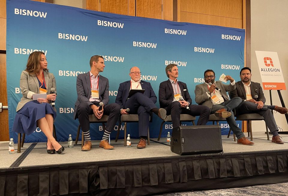 A high-resolution photo of the first panel at Bisnow's recent healthcare event.