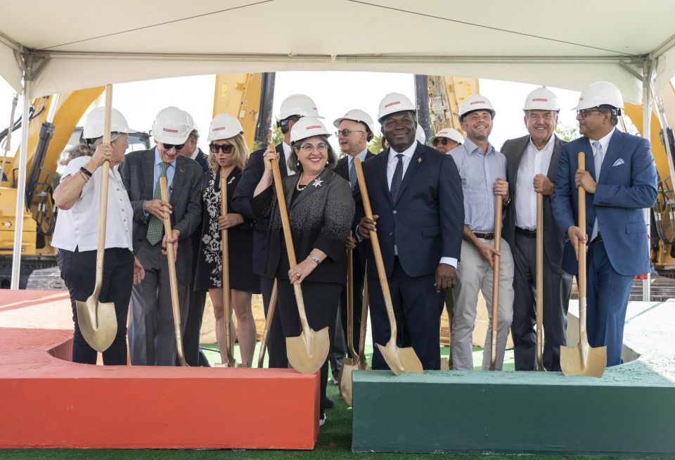 University of Miami officials, along with developers Richard LeFrak and Jackie Soffer, celebrate the groundbreaking of the future University of Miami health and wellness center at SoLé Mia.