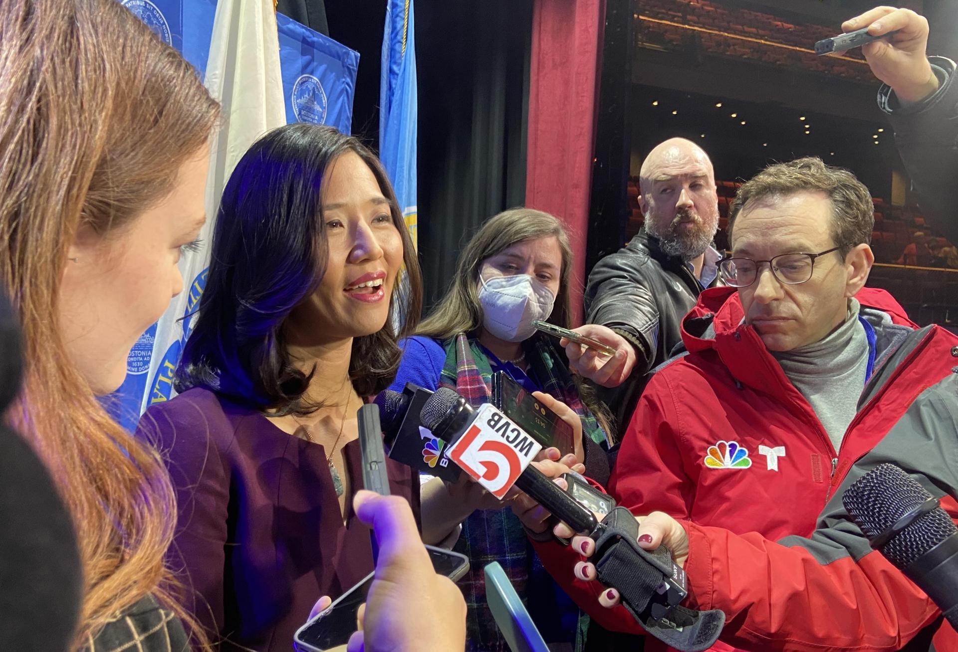 Mayor Michelle Wu speaking with reporters after her State of the City address.