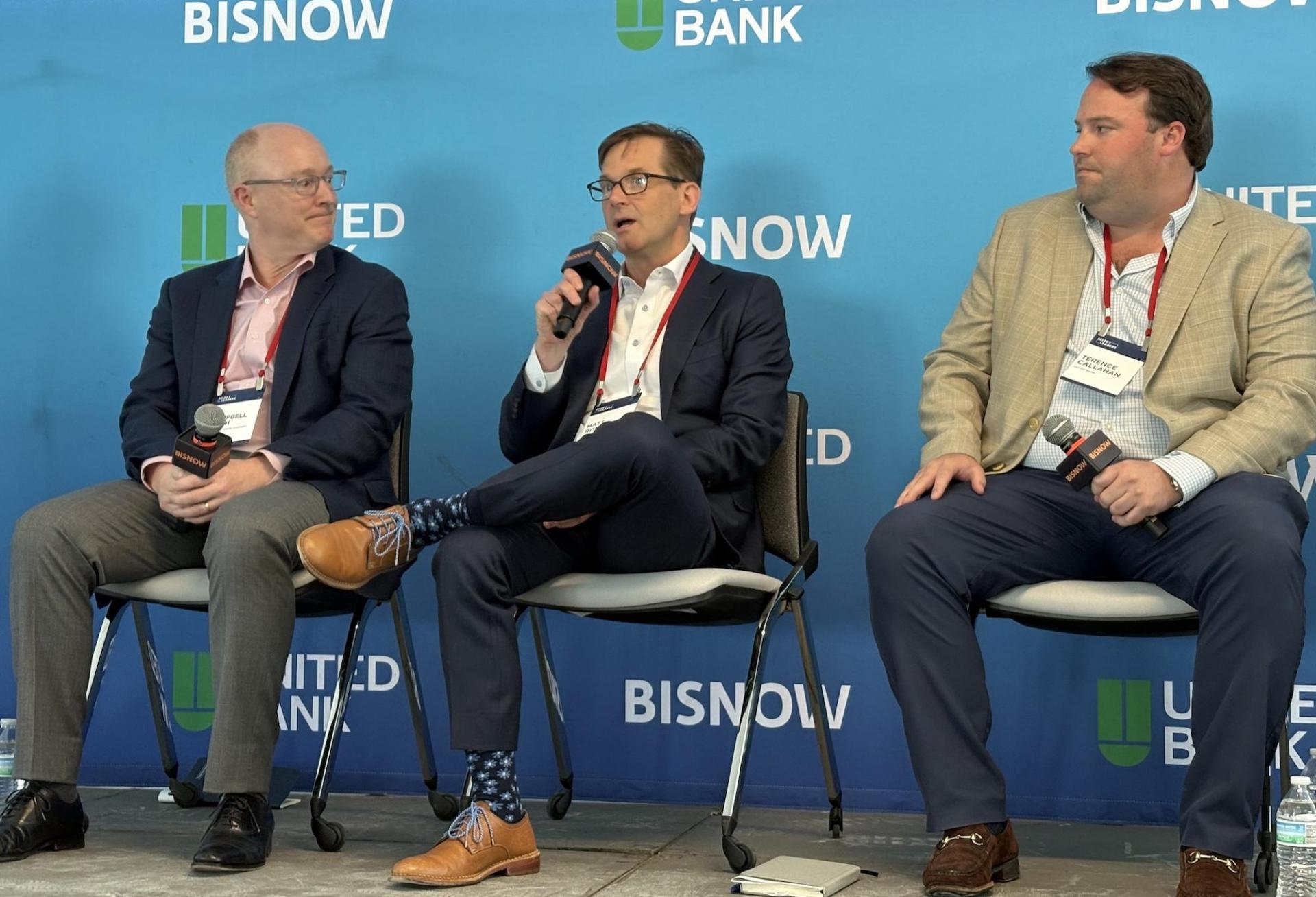 Trammell Crow Co.'s Campbell Smith, MRP Realty's Matt Robinson and United Bank's Terence Callahan at Bisnow's D.C. State of the Market event April 23, 2026.