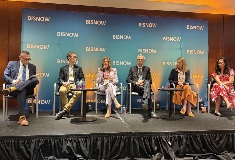 Grassi’s Carl Oliveri, NYSERDA’s Joshua Plourde, Venable’s Suzanne St. Pierre, SBI Consultants LLC’s Wajdi Atallah, Hudson River Park Trust’s Noreen Doyle and Amazon’s Angela Pinsky onstage at Bisnow's 2026 New York Infrastructure, Public-Private Projects and Transportation event.