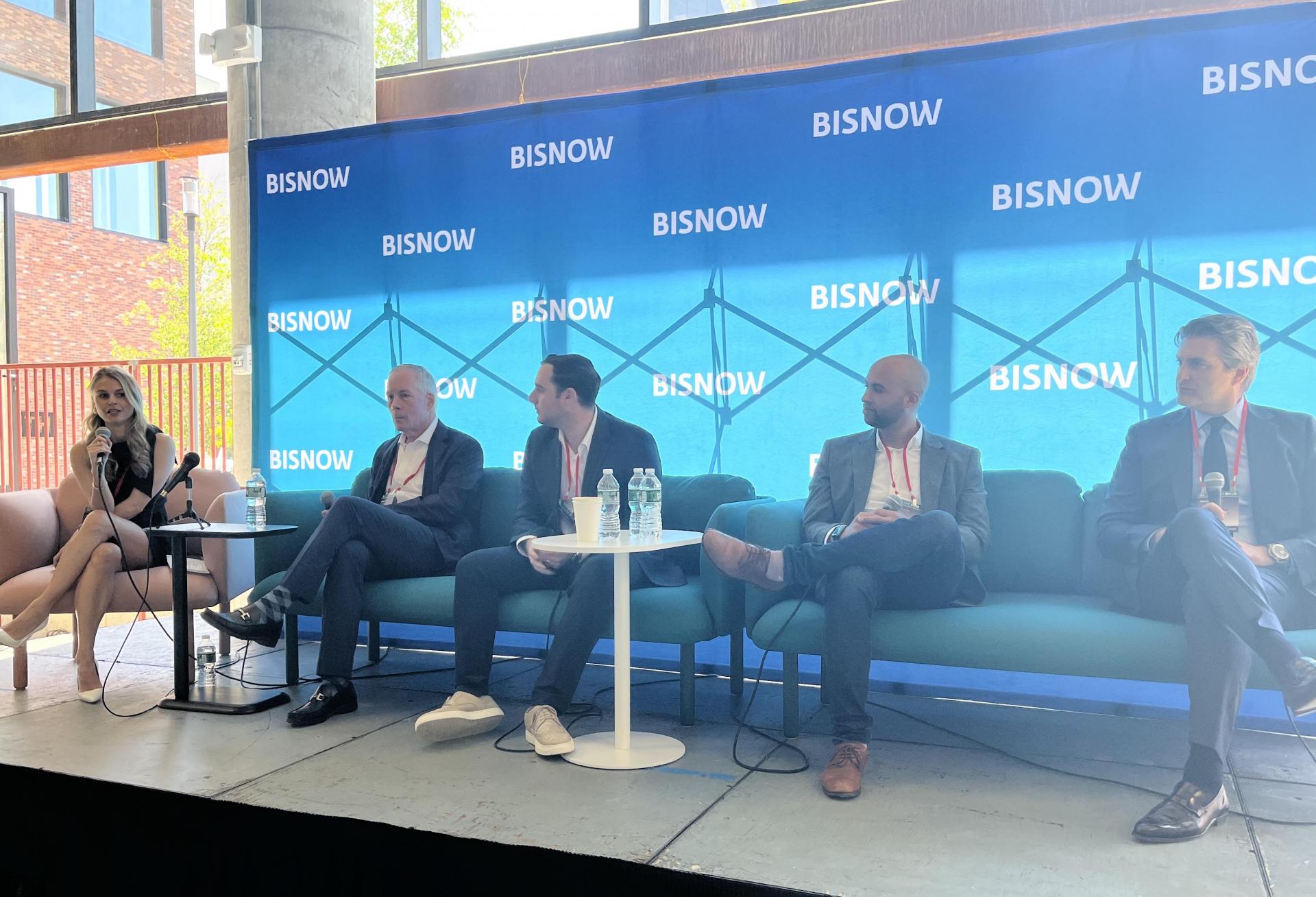 Poppin's Meredith Zenkel on stage at Bisnow's Brooklyn State Of The Market event, with Rubenstein Partners' Joseph Zuber, WeWork's Johnny Messina, Lisa Management's Jorge Jorge and Brookfield Properties' Jesse Cooperman.