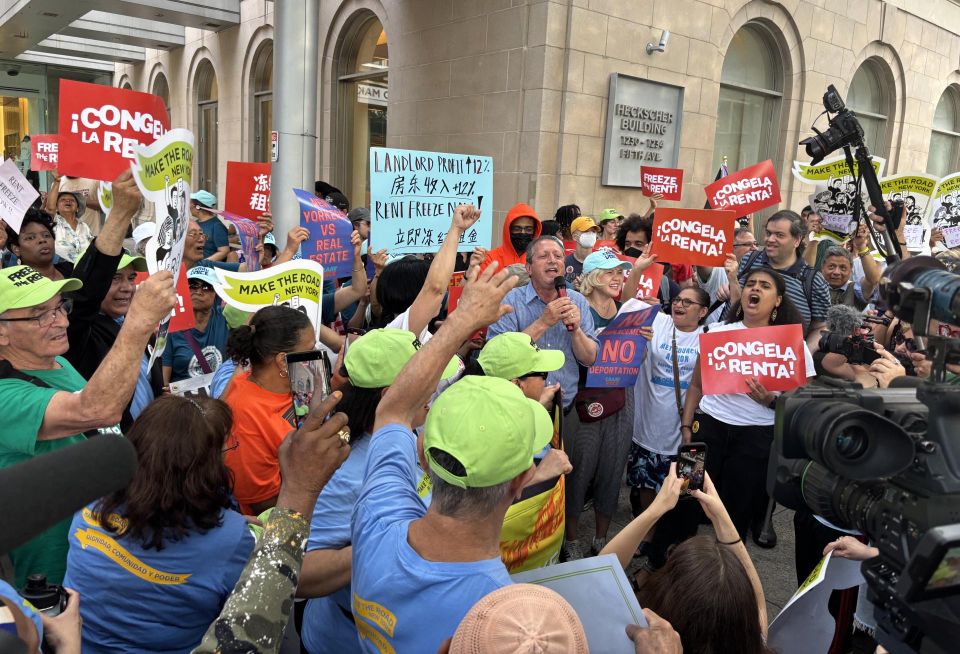 New York City Comptroller Brad Lander speaks to tenants demanding a rent freeze before the Rent Guidelines Board final vote June 30, 2025.