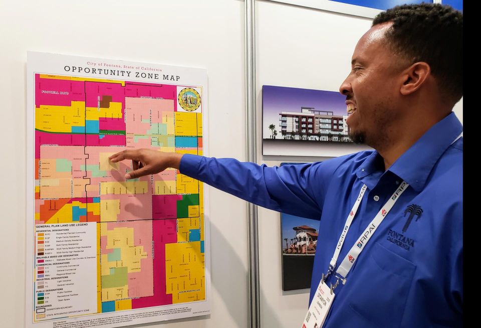 Fontana Senior Planner DiTanyon Johnson shows a map of the designated opportunity zone areas in the city.