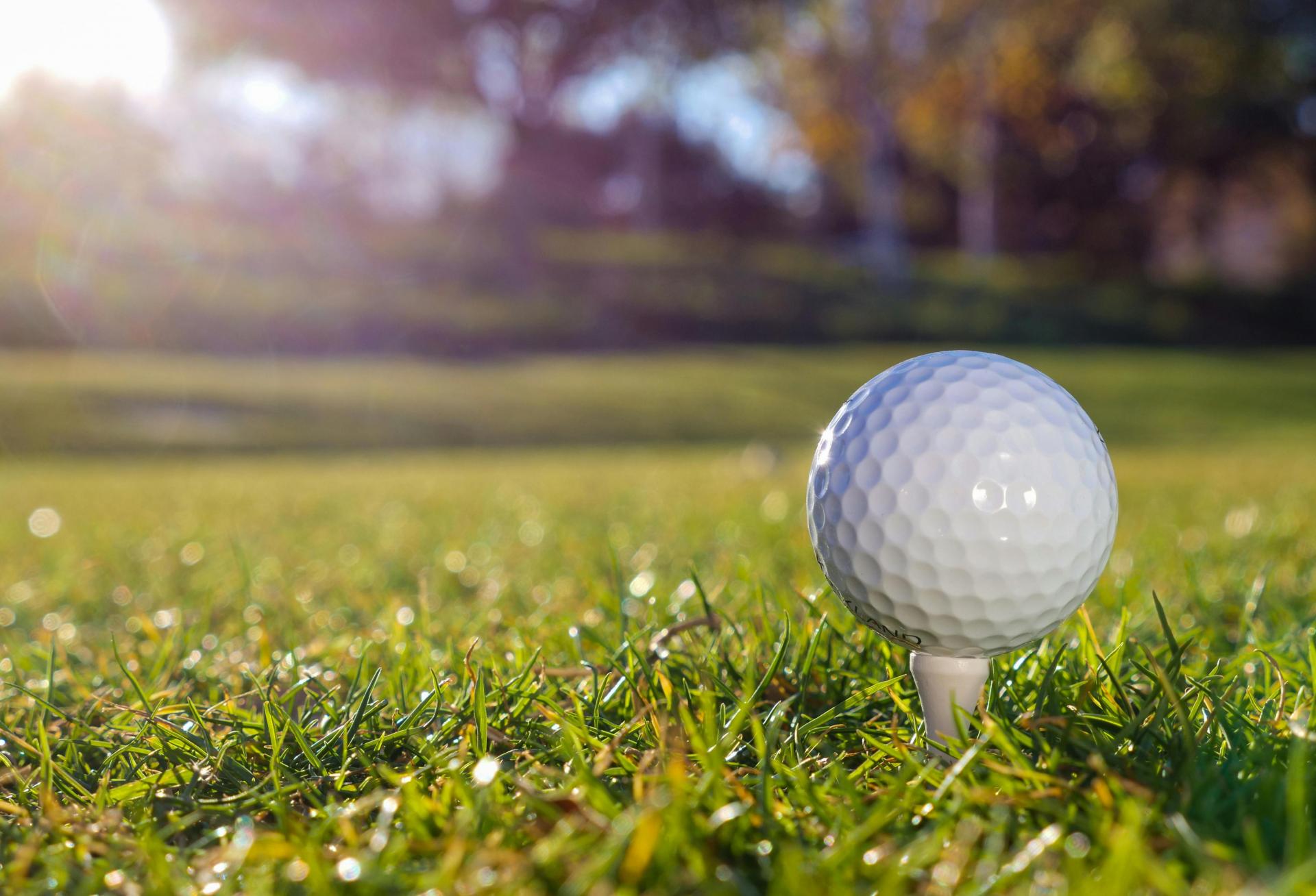 golf ball on golf tee on green grass