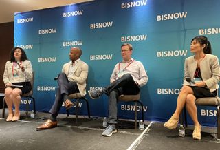 Adler & Stachenfeld's Danielle Ashe, RXR's Eric Clement, Tishman Speyer's Jonathan Flaherty and Mazars' Phuong Gomard on stage at Bisnow's 2023 National Sustainability and ESG Conference. 
