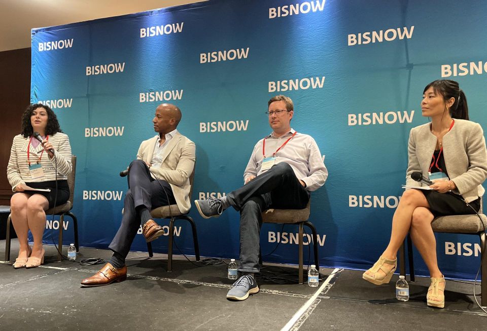 Adler & Stachenfeld's Danielle Ashe, RXR's Eric Clement, Tishman Speyer's Jonathan Flaherty and Mazars' Phuong Gomard on stage at Bisnow's 2023 National Sustainability and ESG Conference.