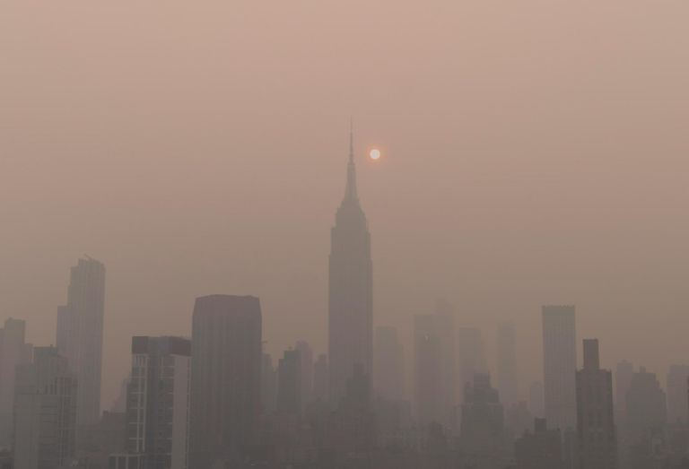 NYC skyline with smoke
