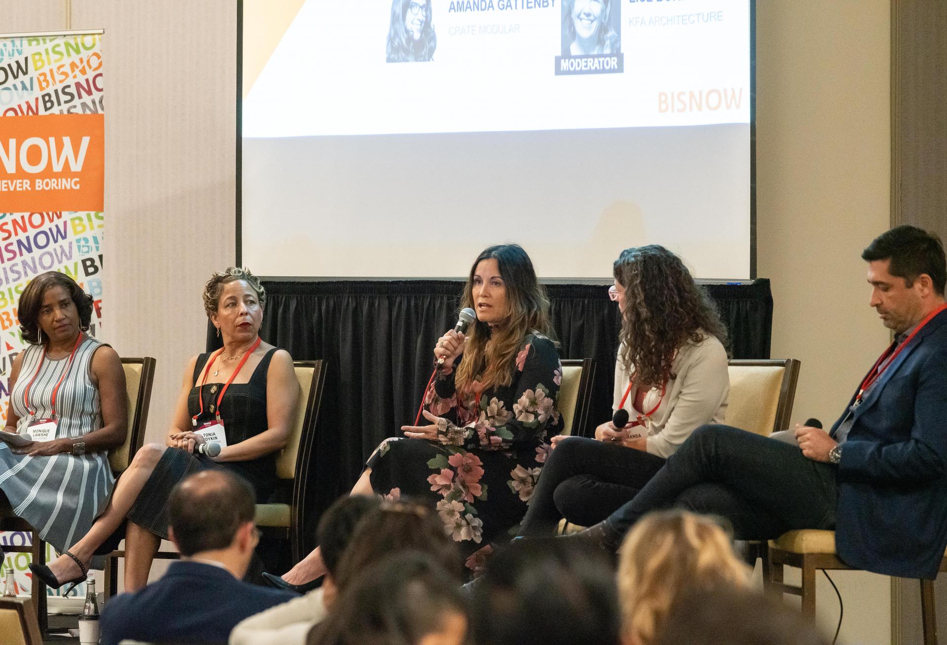 GHC Housing's Monique Lawshe, Weingart Center's Tonja Boykin, Skid Row Housing Trust's Lee Raagas, Crate Modular's Amanda Gattenby and Flyaway Homes' Noyan Uras participated on a panel about affordable housing at Bisnow's multifamily event in Los Angeles. (not pictured KFA's Lise Bornstein)
