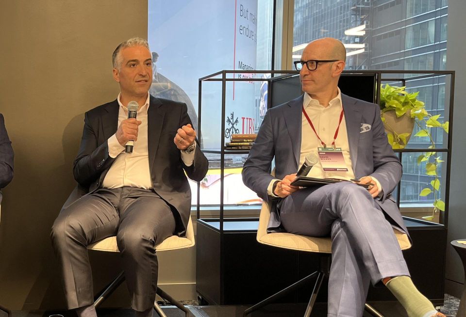 CitizenM's Rani Gharbie onstage with Cullen and Dykman's David Wilkes at Bisnow's 2024 New York Hotel and Hospitality Conference.