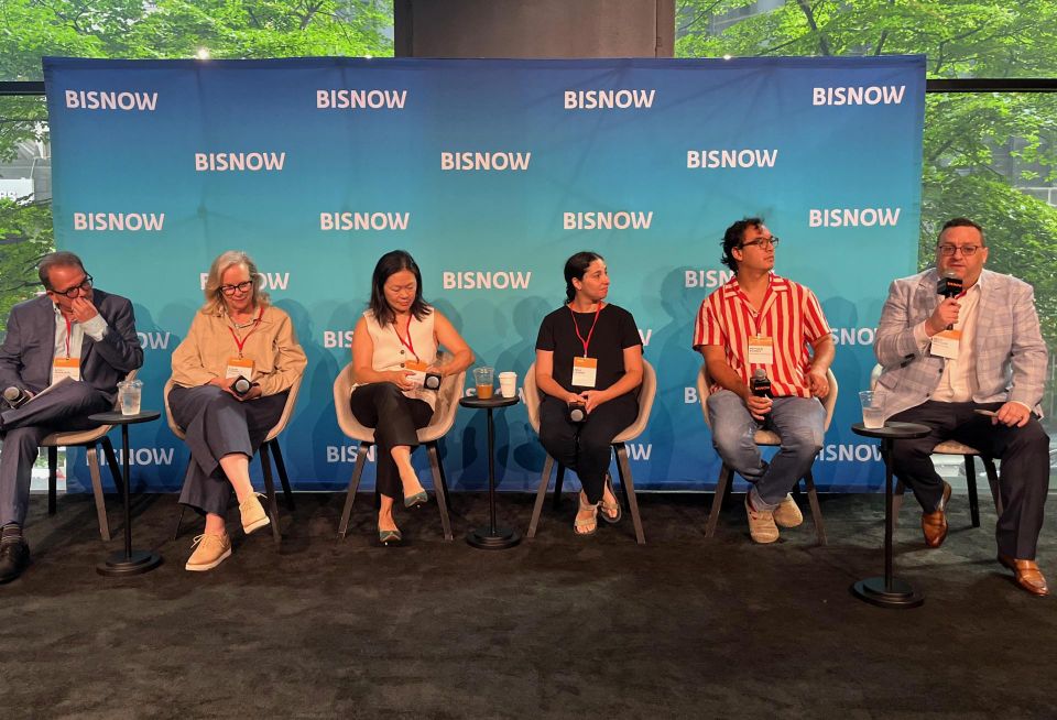 Housing Solutions of New York's Seth Muraskin, Housing Opportunities Unlimited's Susan Connelly, Camber Property Group's Karen Hu, Settlement Housing Fund's Emily Lehman, MDG Design & Construction's Matthew Rooney and Herrick Feinstein's Brett Gottlieb onstage at Bisnow's 2026 New York Affordable Housing Conference.