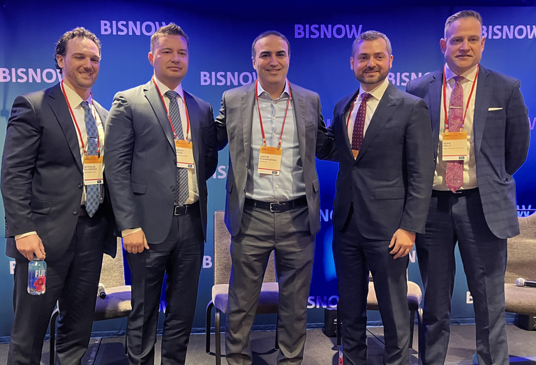 Rosenberg & Estis' Nicholas DiLorenzo, Rybak Development's Sergey Rybak, Rockrose's Justin Elghanayan, MGNY's Yuri Geylik and Ariel Property Advisors' Sean Kelly onstage at Bisnow's 2025 New York Multifamily Development and Investment conference.