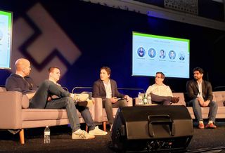 Reonomy co-founder and CEO Richard Sarkis, Cherre CEO L.D. Salmanson, Savills Chief Information Officer, Head of Client Technology Patrick McGrath, Skyline AI co-founder and CEO Guy Zipori and Leverton Corp. CEO Abhinav Somani speak during a panel at the CRE Tech event in Los Angeles.
