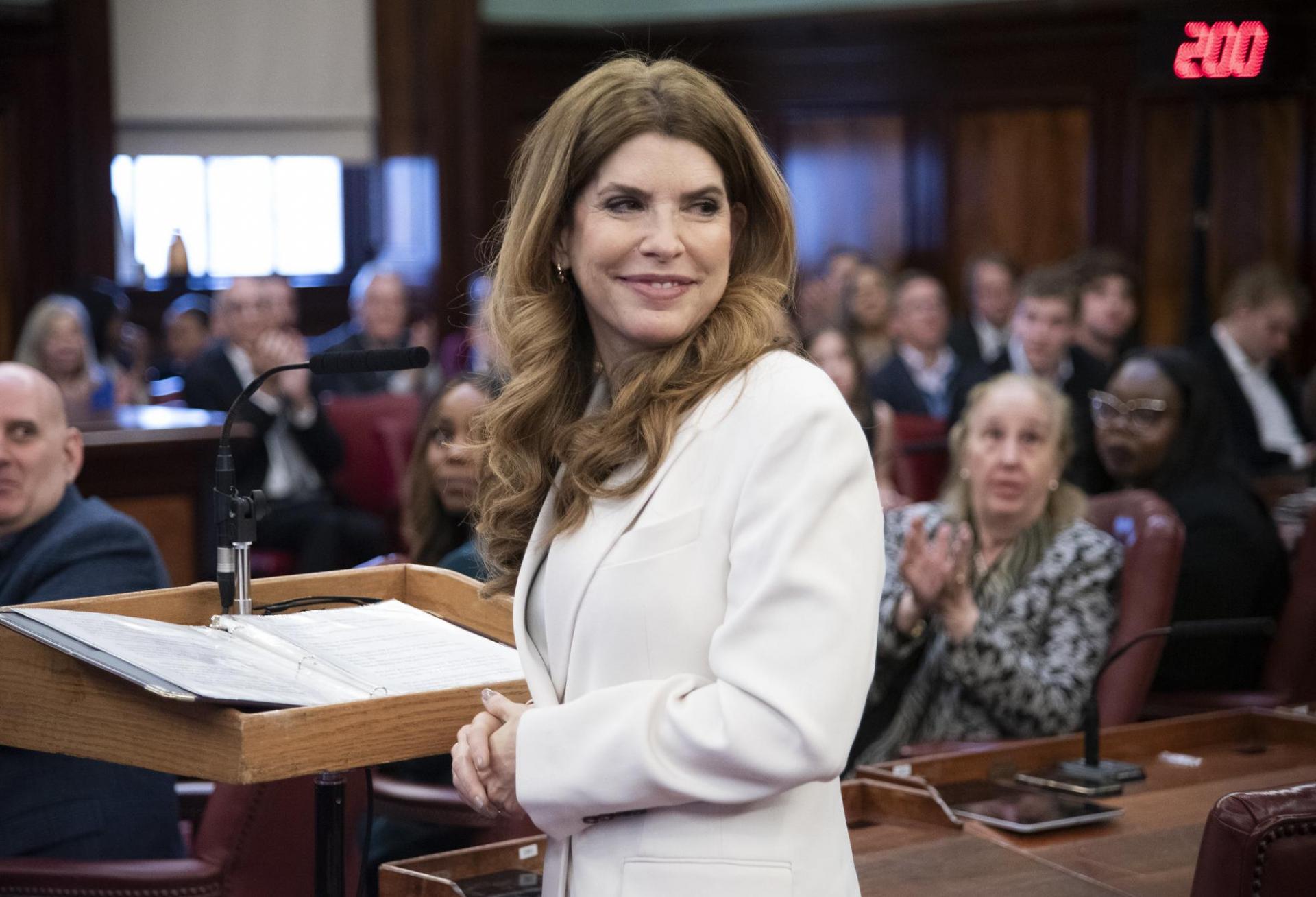City Council Speaker Julie Menin at her Wednesday afternoon swearing-in ceremony, after council members voted on her new role earlier in the day.