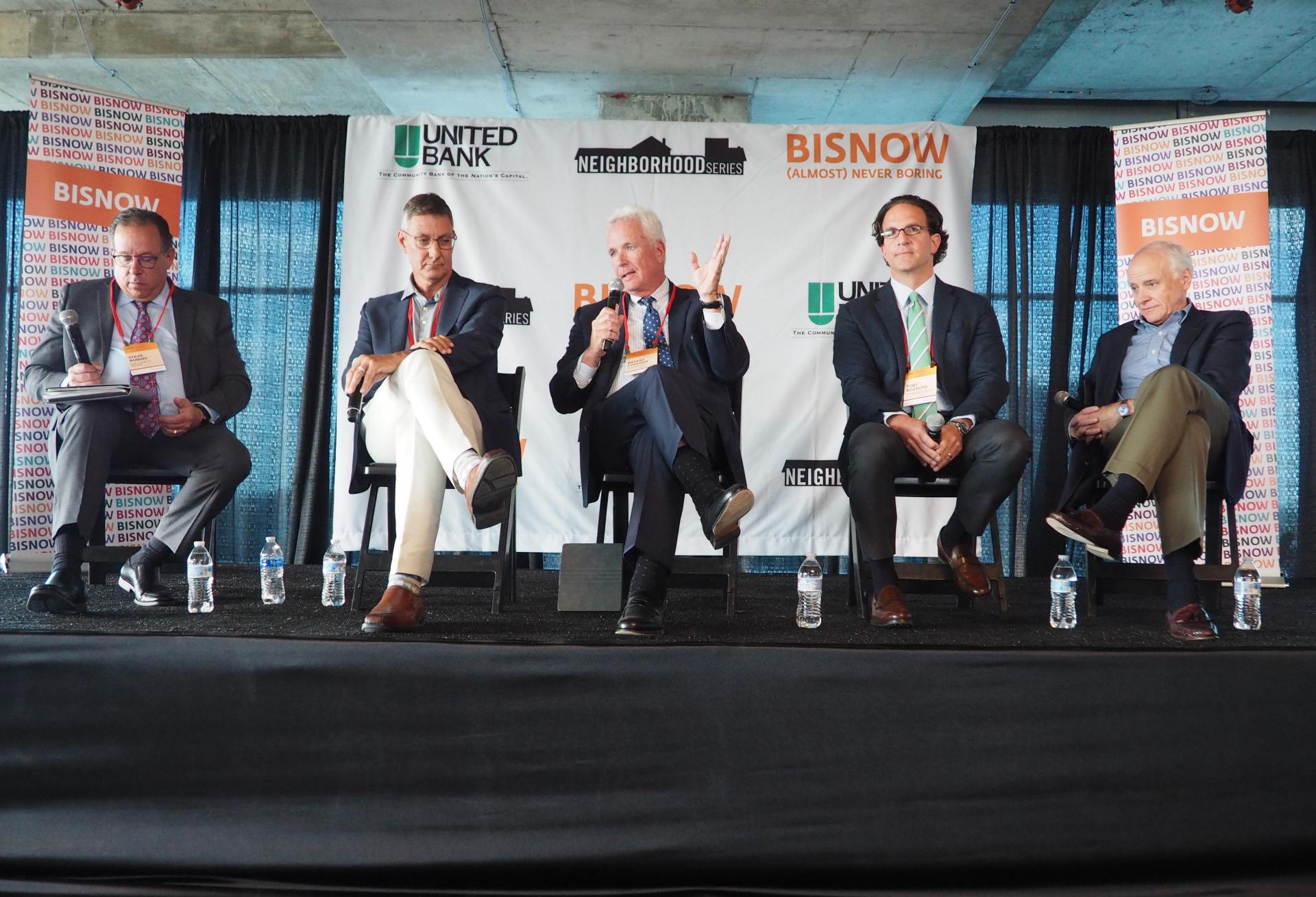 Lerch, Early & Brewer's Steve Robins, Federal Realty's Don Wood, Foulger-Pratt's Bryant Foulger, Bozzuto Group's Toby Bozzuto and Stonebridge's Doug Firstenberg speak on a panel during Bisnow's Future of Montgomery County event on May 17, 2022.