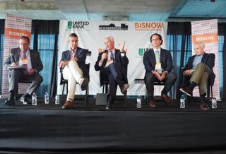 Lerch, Early & Brewer's Steve Robins, Federal Realty's Don Wood, Foulger-Pratt's Bryant Foulger, Bozzuto Group's Toby Bozzuto and Stonebridge's Doug Firstenberg speak on a panel during Bisnow's Future of Montgomery County event on May 17, 2022.