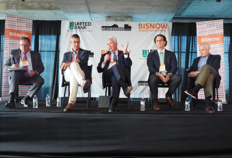 Lerch, Early & Brewer's Steve Robins, Federal Realty's Don Wood, Foulger-Pratt's Bryant Foulger, Bozzuto Group's Toby Bozzuto and Stonebridge's Doug Firstenberg speak on a panel during Bisnow's Future of Montgomery County event on May 17, 2022.