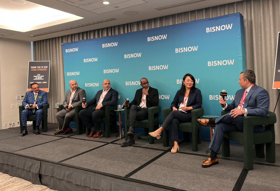 Windels' Joshua Oberman, NYC Department of City Planning's Edith Hsu-Chen, Silverstein Properties' Malcolm Williams, ARMA Development Consultants' Nicholas Strachovsky, NFP's Tom Clifford and Rinaldi Group's Anthony Rinaldi onstage at Bisnow's 2025 Construction Development and Design Conference.