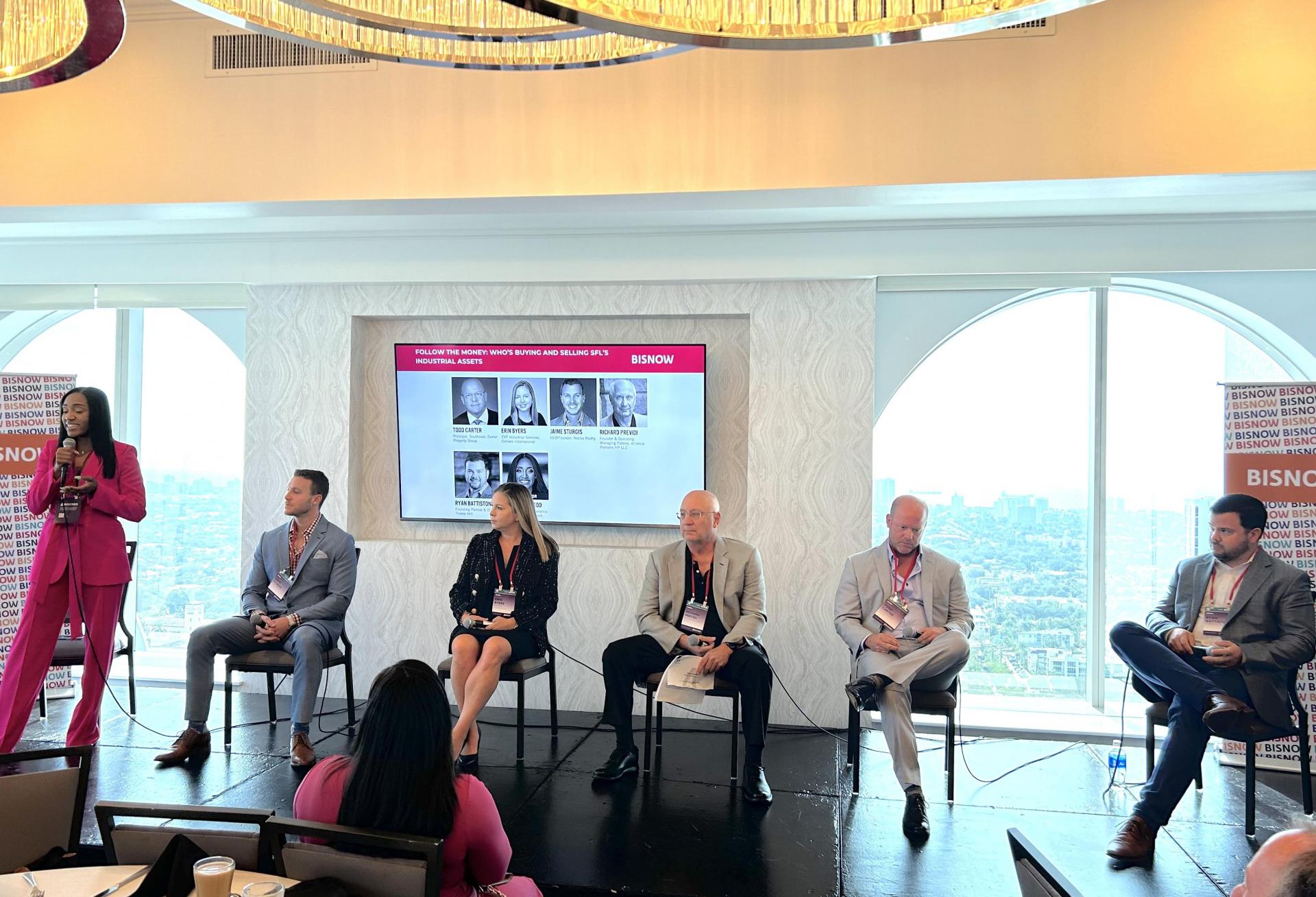 Eminence Planning & Development's Pamela McCleod, Native Realty's Jaime Sturgis, Colliers' Erin Byers, Exeter Property Group's Todd Carter, Alliance Partners HP Richard Previdi and Timber Hill's Ryan Battistoni on a panel at Bisnow's Industrial and Logistics Summit on June 15.
