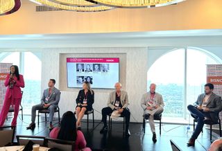 Eminence Planning & Development's Pamela McCleod, Native Realty's Jaime Sturgis, Colliers' Erin Byers, Exeter Property Group's Todd Carter, Alliance Partners HP Richard Previdi and Timber Hill's Ryan Battistoni on a panel at Bisnow's Industrial and Logistics Summit on June 15.