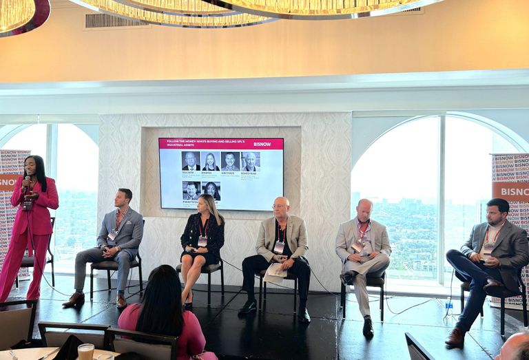 Eminence Planning & Development's Pamela McCleod, Native Realty's Jaime Sturgis, Colliers' Erin Byers, Exeter Property Group's Todd Carter, Alliance Partners HP Richard Previdi and Timber Hill's Ryan Battistoni on a panel at Bisnow's Industrial and Logistics Summit on June 15.