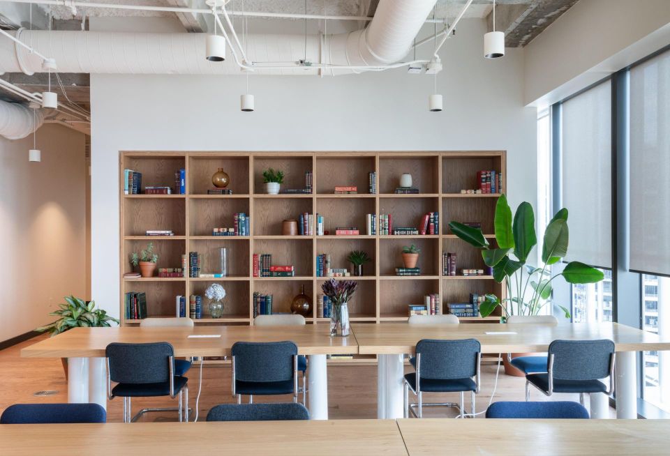 A hot desk area at WeWork's 609 Main St. location in Downtown Houston.