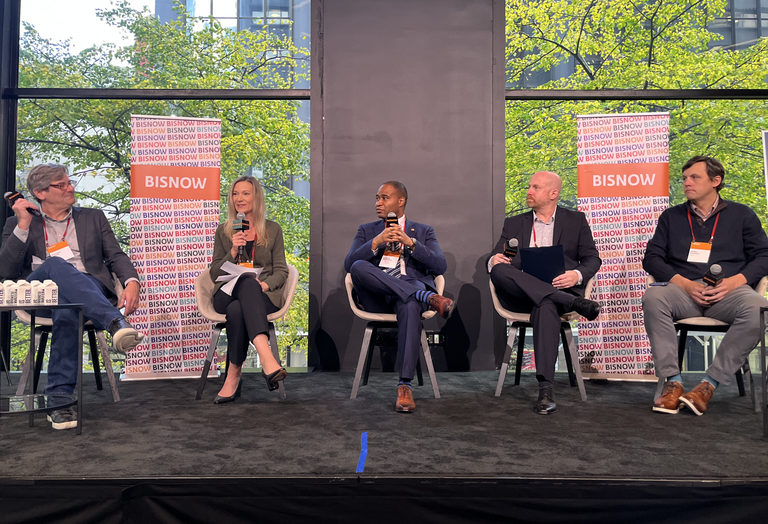 Andrena's Michael Weiss, ESRT's Jackie Renton, RXR's Jarrod Whittaker, AvalonBay's Micah Parker and Parity's James Hannah onstage at Bisnow's 2025 New York Multifamily Development and Operations Conference.
