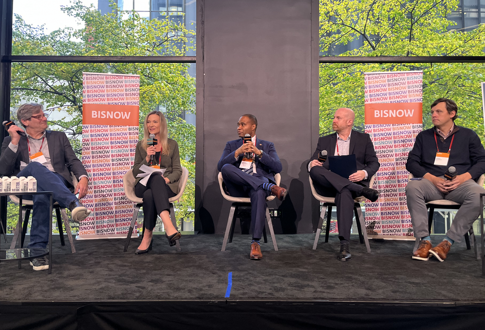 Andrena's Michael Weiss, ESRT's Jackie Renton, RXR's Jarrod Whittaker, AvalonBay's Micah Parker and Parity's James Hannah onstage at Bisnow's 2025 New York Multifamily Development and Operations Conference.