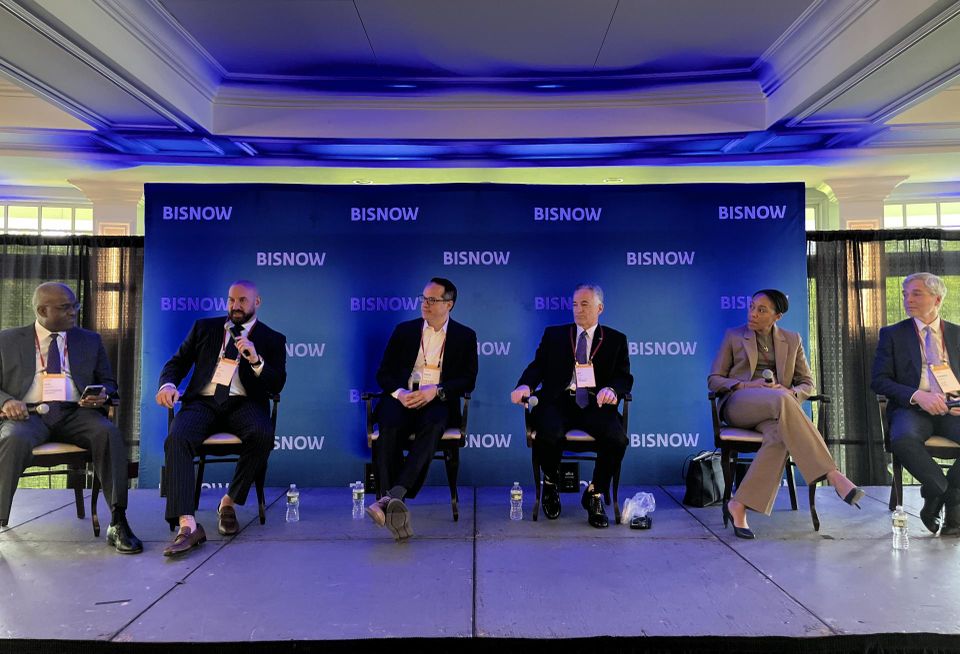 Westchester County's Ken Jenkins, Kings Capital Group's JD Summa, RXR & Red Oak Street's David Garten, H2M Architects + Engineers Jay Pisco, New Rochelle Mayor Yadira Ramos-Herbert and White Plains Mayor Thomas Roach onstage at Bisnow's 2024 Westchester State Of The Market event.