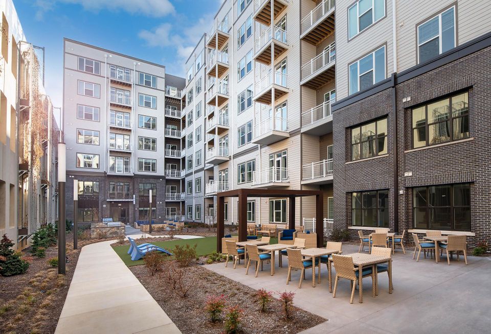 Outdoor amenity space at the Faraday East development in Reston, Virginia