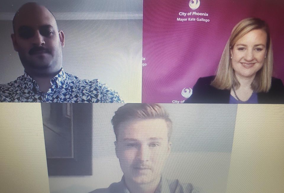 Image of Tanner Johnson, Matt Seukunian and Kate Gallego on April 14.