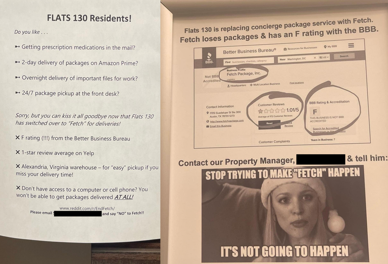Fliers posted in the Flats 130 apartment complex by residents. One has an image from the movie Mean Girls with the caption, 