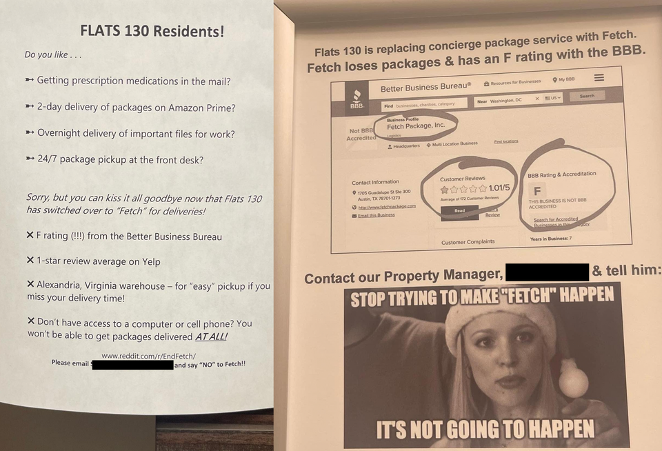 Fliers posted in the Flats 130 apartment complex by residents. One has an image from the movie Mean Girls with the caption,