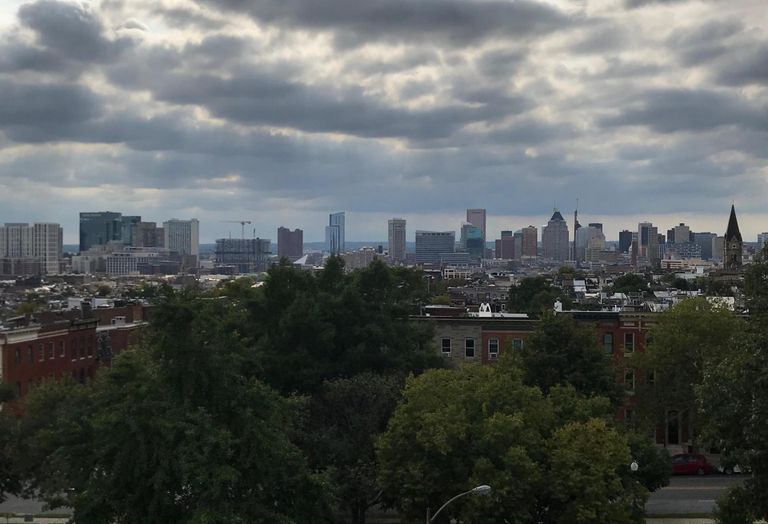 Photo of the Baltimore skyline from the Patterson Park Pagoda. 