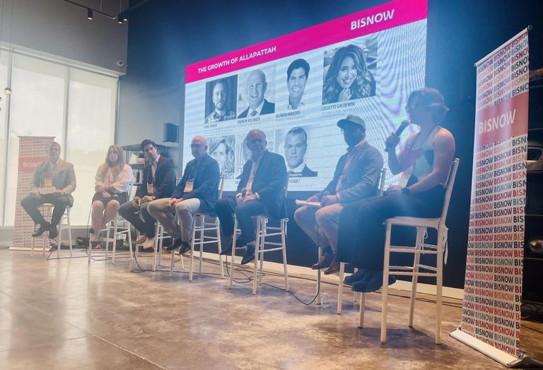 Panel participants speak on the growth of Allapattah during Bisnow’s event on the transformations of Wynwood, Allapattah, and Little Havana neighborhoods in Miami. Pictured above from left to right: Weiss Serota Helfman Cole & Bierman's Joseph Hernandez, Neology Life Development Group's Lissette Calderon, Gridline Properties' Alfredo Riascos, UrbanX Group's Andrew Hellinger, JAXI Builders' Abel Ramirez, Benji Power, Advisor to the The Allapattah Collaborative CDC and Director of Real Estate Development & Social Impact at Procida Development and Pointer Development's Amalfi Gayosso. 