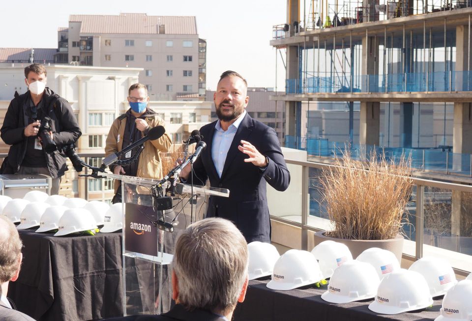 Amazon Vice President of Public Policy Brian Huseman spoke at a press event ahead of a behind-the-scenes tour of Amazon's HQ2 projects at Met Park.