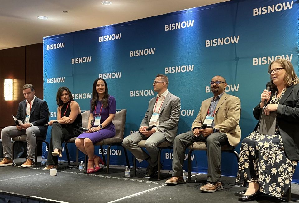 LCOR's Nicholas Pasquenza, CodeGreen Solutions' Julia Rogers, Lendlease Americas' Sara Neff, Ecosave's Marcelo Rouco, KSS Architects' Mounir Tawadrous and Skanska's Myrrh Caplan on stage at Bisnow's 2023 National Sustainability and ESG Conference.