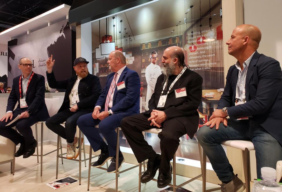 JLL Director of Retail Research James Cook, Neighborhood Goods CEO Matt Alexander, JLL Retail CEO Greg Maloney, Thyng CEO EdLaHood and Candytopia CEO John Goodman at a JLL panel at ICSC RECon 2019 in Las Vegas.