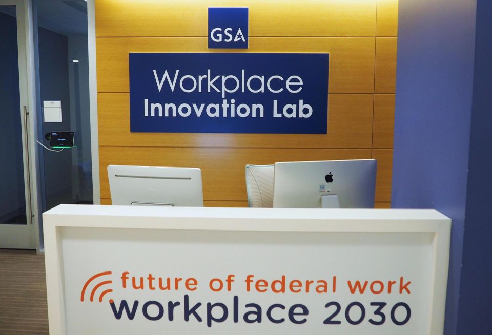 A front desk with the words