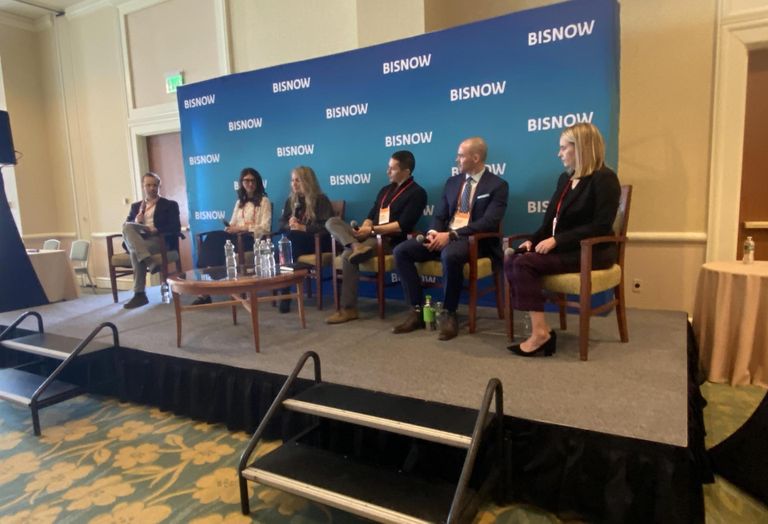 Bisnow's Chris Picher, IQHQ Chrissy Gabriel, Brightcore Energy's Tracey Ogden, Boston Pinnacle Properties' Adam Burns, Suffolk Construction's Steven Burke and WS Development's Amy Prange.