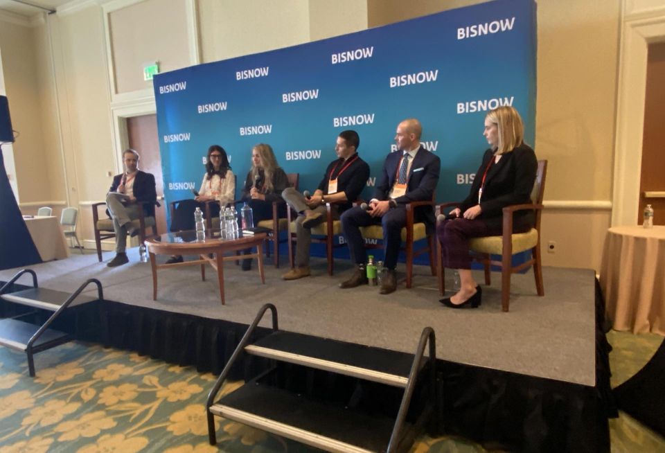 Bisnow's Chris Picher, IQHQ Chrissy Gabriel, Brightcore Energy's Tracey Ogden, Boston Pinnacle Properties' Adam Burns, Suffolk Construction's Steven Burke and WS Development's Amy Prange.