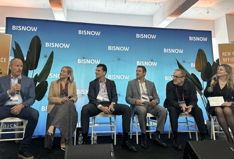 Savanna's Chris Schlank, JRM Construction's Antonina Caruso, Yellowstone's Isaac Hera, Columbia Property Trust's Ted Koltis, INC Architecture & Design's Adam Rolston and Linklaters' Yelena Nersesyan onstage at Bisnow's 2025 Office and Workplace conference.