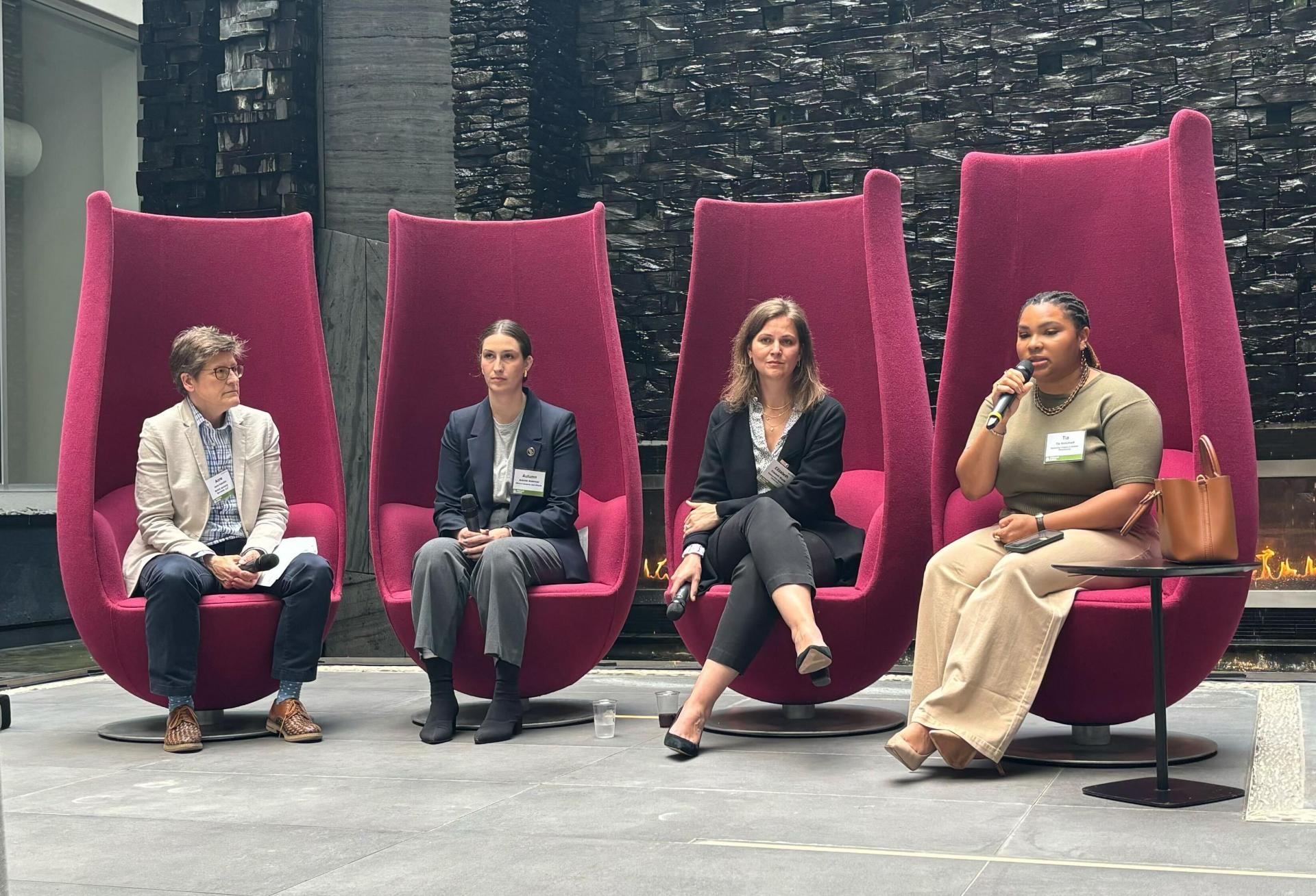 Anne Fadullon, Autumn Anderson, Elizabeth (Lizzie) Woods and Tia Abdulhadi speak on the panel at ULI's 2nd Annual  Women and Minority Owned Business Fair and Reception in Center City. Sonya Swink onsite photo. 