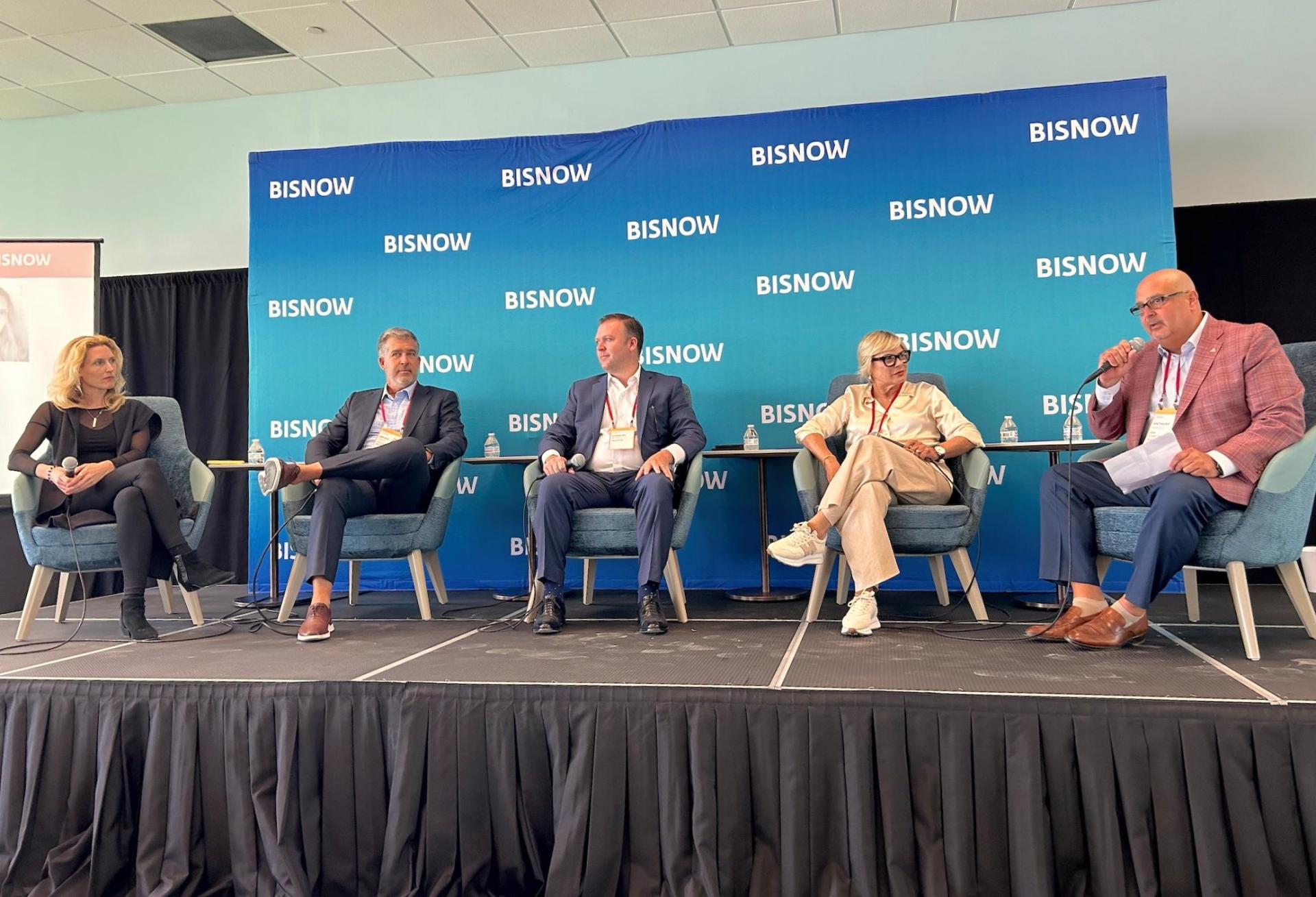 AEI Spaces’ Stefana Simic, Cushman & Wakefield’s Brian Gale, Nuveen Real Estate’s Charles Russo, G Alvarez Studio’s Gigi Alvarez, JRM’s Anthony Iandoli at Bisnow’s South Florida Office and Workplace Summit on June 27, 2024.
